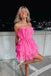 A Line Hot Pink Strapless Tiered Short Homecoming Dress, Short Mini Cocktail Dresses OMH0045