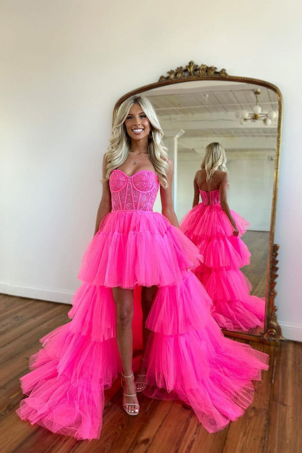 A Line Hot Pink Tulle High Low Sweetheart Prom Dresses, Layers Evening Dresses OM0345