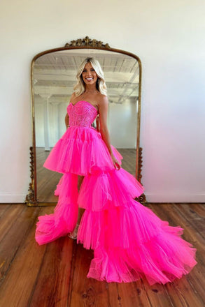 A Line Hot Pink Tulle High Low Sweetheart Prom Dresses, Layers Evening Dresses OM0345