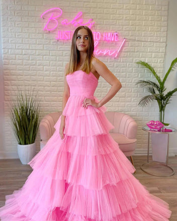 Princess A Line Hot Pink Tulle Strapless Layers Prom Dresses, Graduation Dresses OM0263
