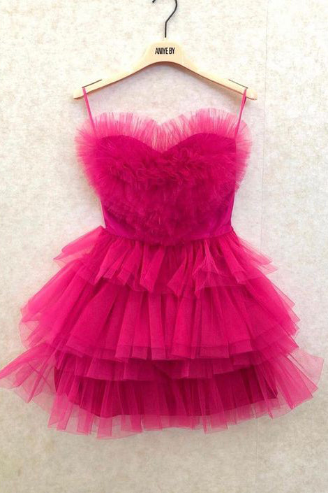 Cute A line Hot Pink Tulle Short Prom Dresses with Layers, Homecoming Dresses OMH0143