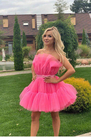 Hot Pink A line Strapless Tulle Short Homecoming Dresses with Bowknot, Mini Dress OMH0209