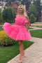 Hot Pink A line Strapless Tulle Short Homecoming Dresses with Bowknot, Mini Dress OMH0209