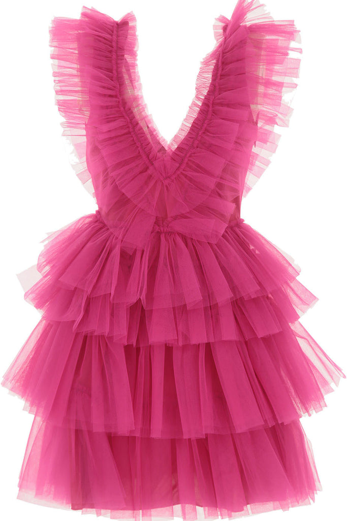 Hot Pink Tiered V neck Homecoming Dresses, A Line V Back Short Prom Dresses OMH0201