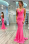 Hot Pink Mermaid Sequins V Neck Spaghetti Straps Long Prom Dress Backless Evening Dress OM0235