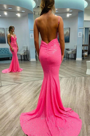 Hot Pink Mermaid Sequins V Neck Spaghetti Straps Long Prom Dress Backless Evening Dress OM0235