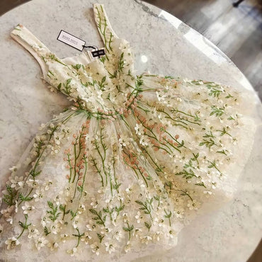 Unique A Line Tulle Ivory Flowers Homecoming Dresses with Green Appliques, Short Prom Dress SK23