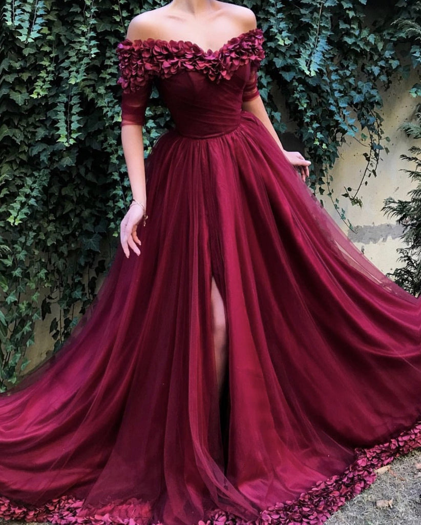 Burgundy Off the Shoulder Maroon A Line Long Tulle Pom Dresses 2022 PDG91