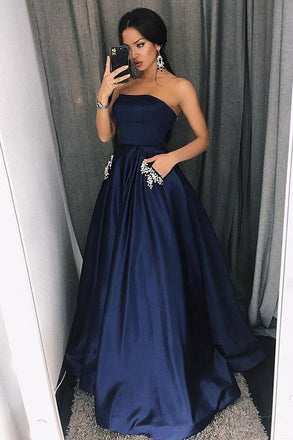 Simple A-Line Strapless Floor-Length Dark Blue Prom Dress with Pockets Beading PDI98
