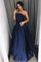 Simple A-Line Strapless Floor-Length Dark Blue Prom Dress with Pockets Beading PDI98