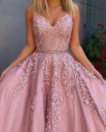 Chic A Line Pink Spaghetti Straps Two Pieces V Neck Prom Dresses with Appliques, Evening Dresses SK22