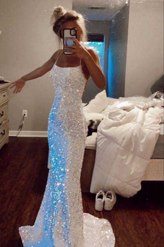 Sparkly Mermaid Prom Dresses Sequin Long Criss-Cross Evening Dresses OM0012