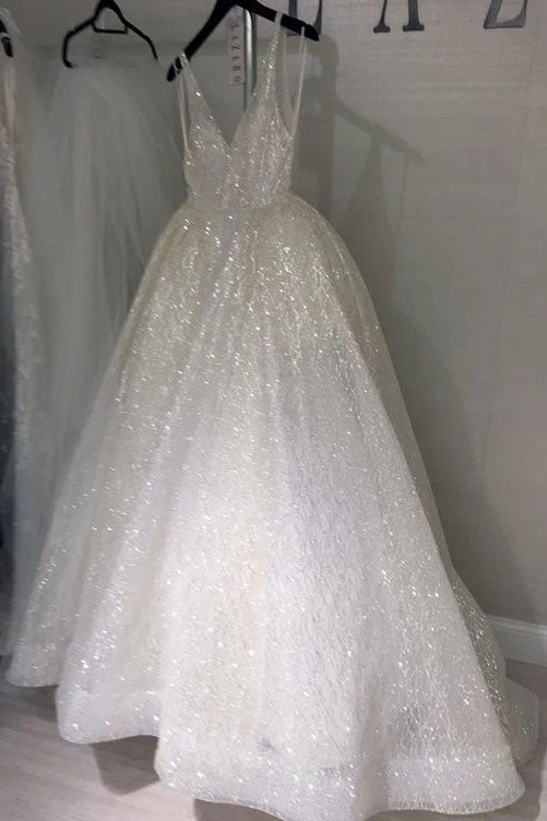Sequins V-Neck Ivory Backless A-Line Sleeveless Elegant Plus Size Prom Wedding Dresses SK03