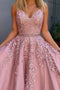 Chic A Line Pink Spaghetti Straps Two Pieces V Neck Prom Dresses with Appliques, Evening Dresses SK22