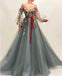 Gorgeous Off the Shoulder V Neck Tulle Long Sleeves Prom Dresses with Appliques OM0045