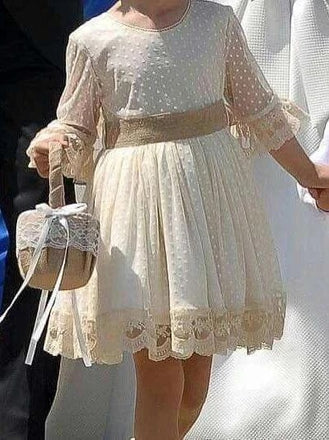 Cute Ivory Lace Long Sleeve Flower Girl Dresses Above Knee Scoop Bowknot Baby Dress HD51