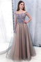 Cap Sleeves Bateau Long Tulle Beading Prom Dress with Appliques PDH29