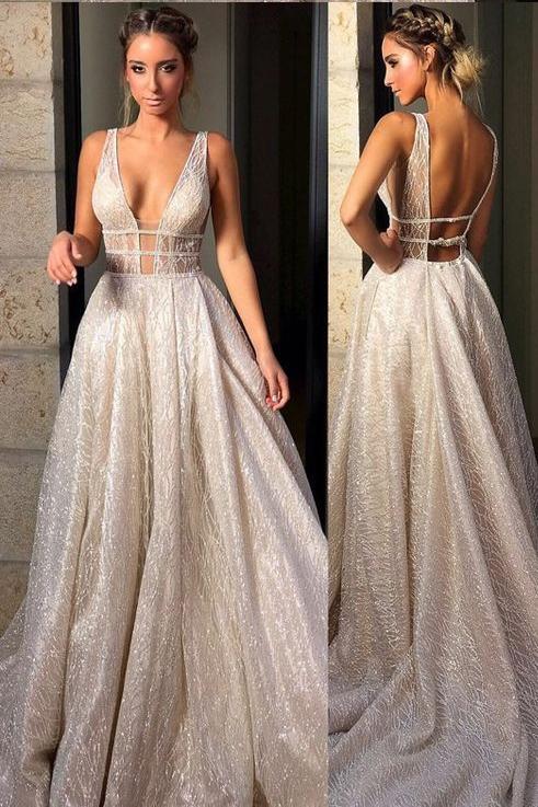 Sparkly Deep V Neck Wedding Dress Bridal Gown,Sequin Prom Dresses PDF60