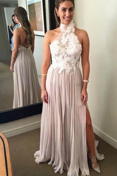 A Line Chiffon High Neck Long Prom Dresses With Appliques PDH26