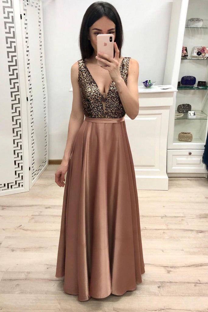 Sexy A Line Long V Neck Prom Dresses With Beads PDK57