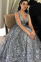 A Line 3D Floral V neck Tulle Straps Light Blue Prom Dresses with Lace Up OM0046