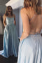 A-Line Criss Cross Straps Back Sweep Train Sky Blue Long Prom Dress PDQ59