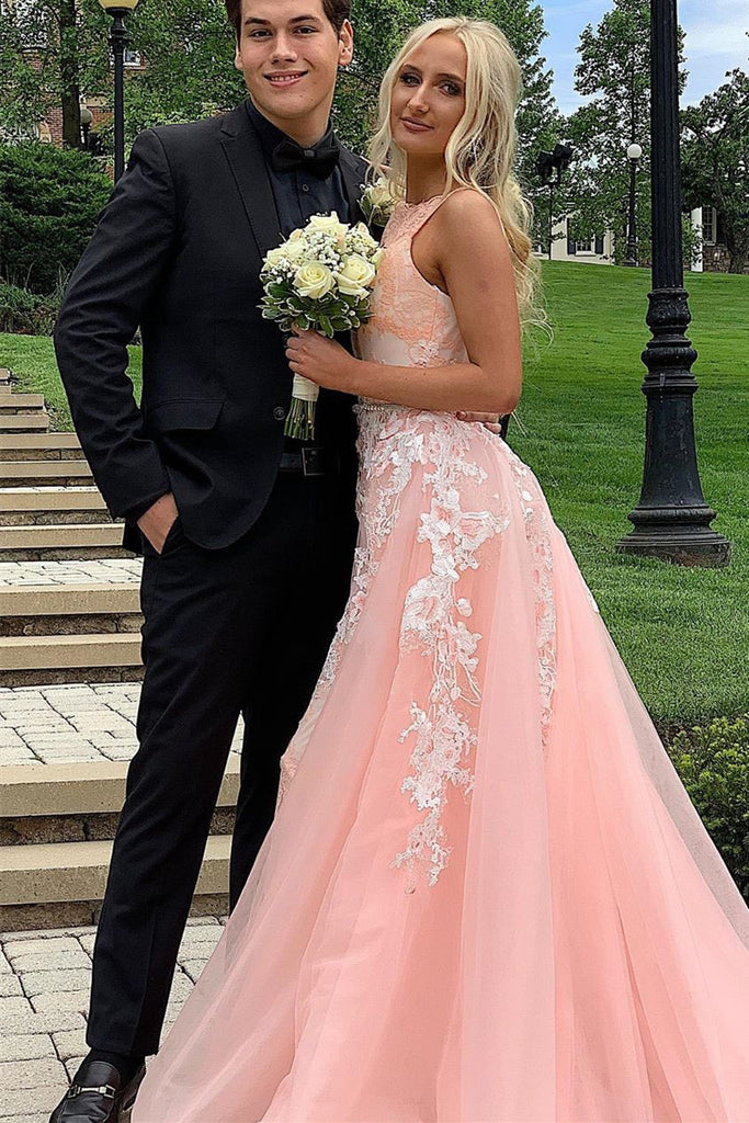 Elegant A Line Spaghetti Straps Tulle Scoop Prom Dresses with Lace Appliques, Evening Dresses SK30