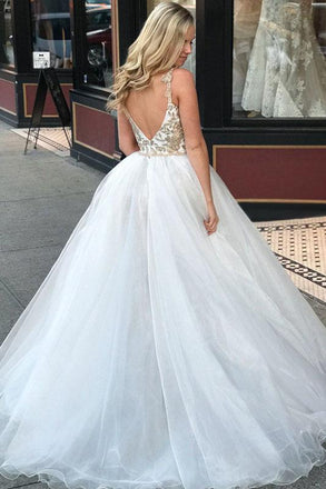 A-Line Spaghetti Straps Floor Length White Detachable Train Prom Dress with Appliques PDQ65