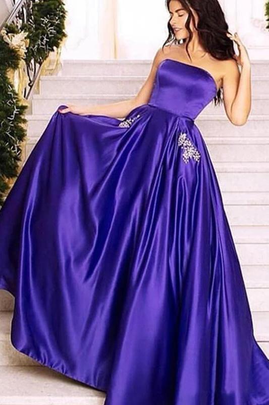 Gorgeous Strapless A-Line Purple Sleeveless Long Prom Dresses PDN6