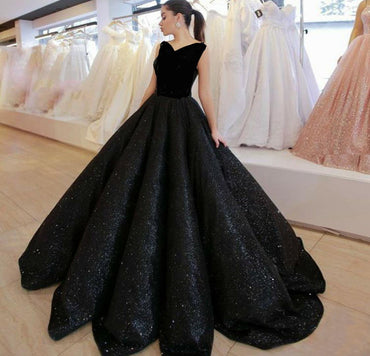 Black V Neck Sequined Ball Gown Prom Dress, Big Formal Dresses PDI83