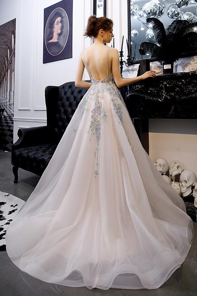 A-line tulle long prom dresses backless evening gown with appliques mg152