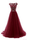 Elegant A-Line Beading Bodice Burgundy Long Tulle Prom Dresses Evening Dresses TD16