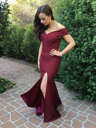 Mermaid Off-the-Shoulder Burgundy Simple Prom Dress with Split PDI93