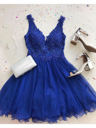 A Line V Neck Tulle Beaded Royal Blue Short Homecoming Dresses PPD71