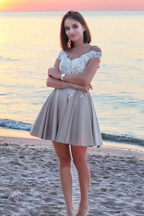 A Line Off the Shoulder White Lace Short Homecoming Dresses PPD76