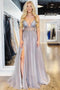 A-Line Spaghetti Straps Deep V Neck Prom Dress with Beading Split PDI69