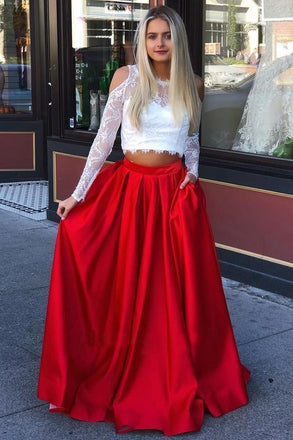 Two Piece Long Sleeves Cold Shoulder Red Long Prom Dress with White Lace Pockets PDI73