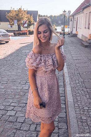 Elegant Off the Shoulder Blush Lace Short Homecoming Dresses PPD73