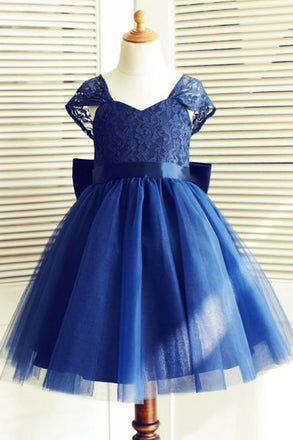 A-Line Square Neck Cap Sleeves Dark Blue Flower Girl Dress with Lace Bowknot PDP16