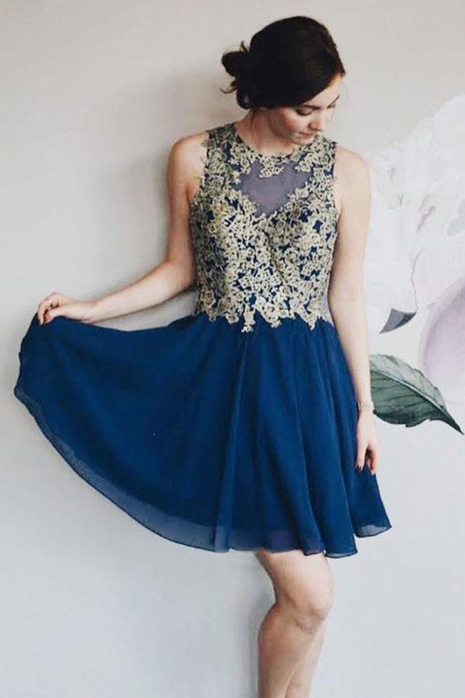 A Line Navy Blue Chiffon Lace Appliques Short Homecoming Dresses PPD74