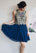A Line Navy Blue Chiffon Lace Appliques Short Homecoming Dresses PPD74