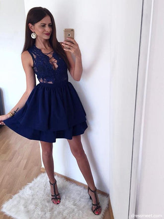 A Line V Neck Royal Blue Lace Appliques Short Homecoming Dresses PPD77