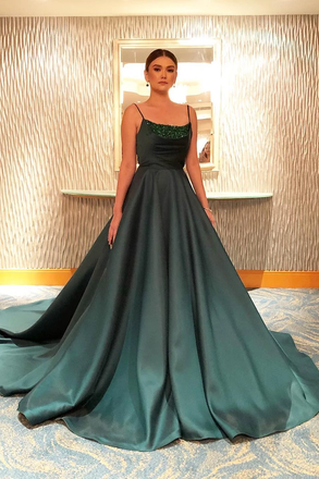 A-line Spaghetti Straps Dark Green Long Prom Dresses Evening Dress PDS21
