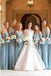 A-Line Cold Shoulder Long Light Blue Chiffon Bridesmaid Dress with Ruffles PDR96