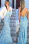 Mermaid Sky Blue Sequins Long Prom Dress Cheap Evening Dresses PDR57