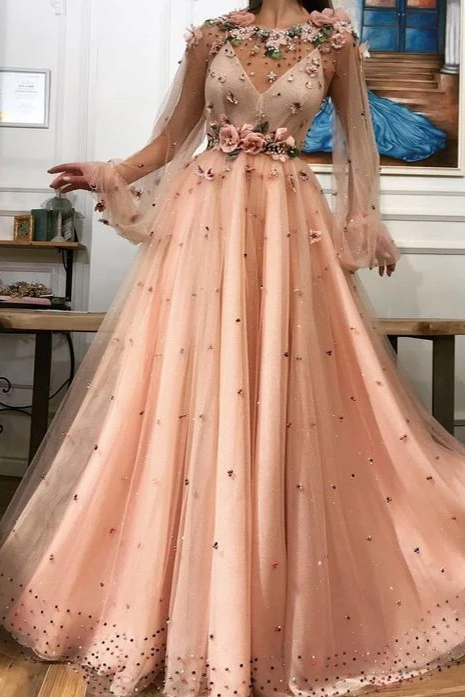 A line Long Sleeves Prom Dresses 3D Flowers Prom Dress Formal Evening – trendtydresses