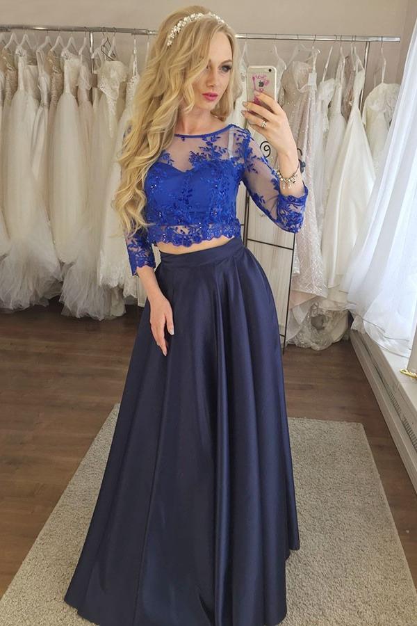 Two Piece 3/4 Sleeves Navy Blue Prom Dress with Royal Blue Lace PDI76 trendtydresses Two Piece 3/4 Sleeves Navy Blue Prom Dress with Royal Blue Lace PDI76 trendtydresses