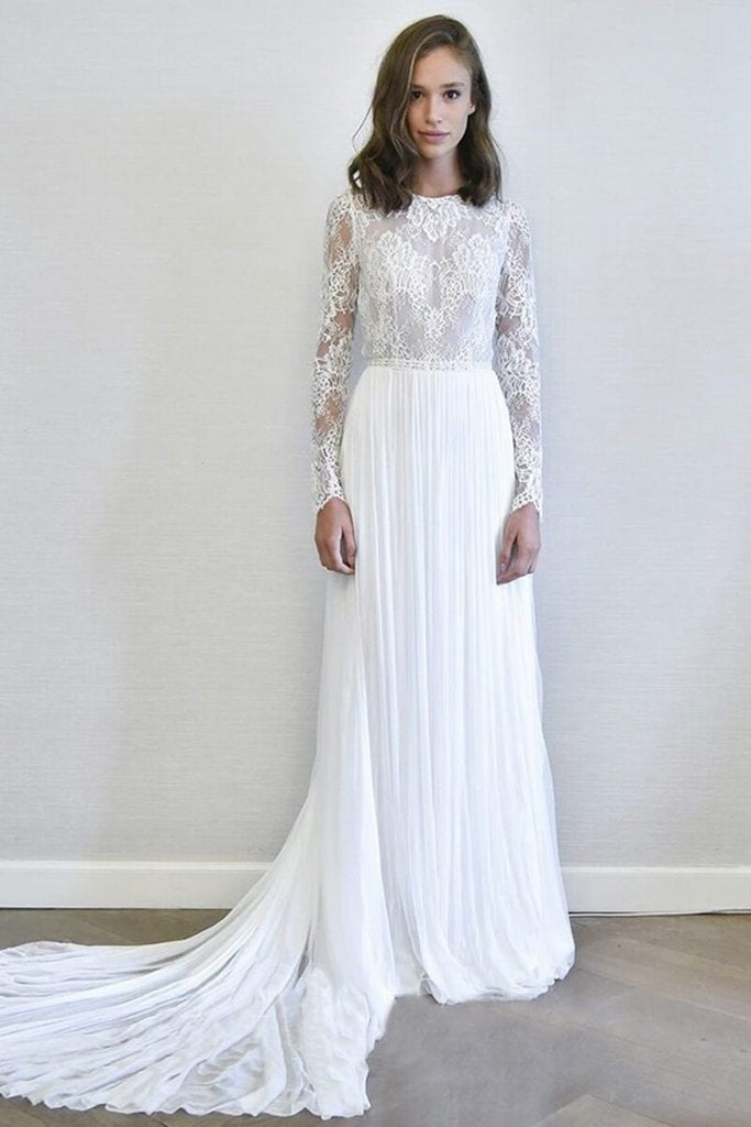 Ivory Long Sleeves A Line Wedding Dresses Chiffon Detachable Bridal Dress PDP78
