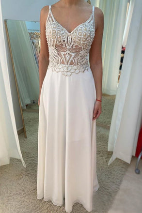 Ivory Chiffon See Through A Line V Neck Prom Dresses With Beading PDS83
