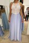 Halter Neckline Lilac Chiffon Lace Appliques Long Prom Dresses PDS85